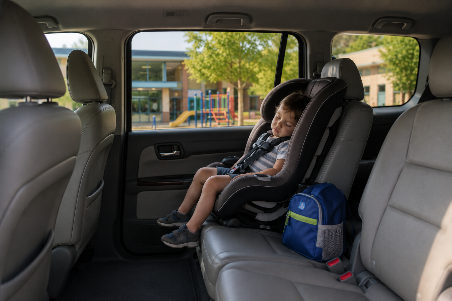 A young child asleep in a car seat outside a school